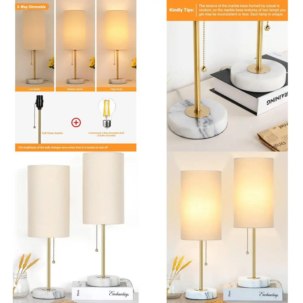 

Настольная лампа с мраморным основанием, 3-режимная регулировка яркости, с льняным абажуром, комплект из 2 штук, 18,5 дюймов, для спальни, офиса, столовой