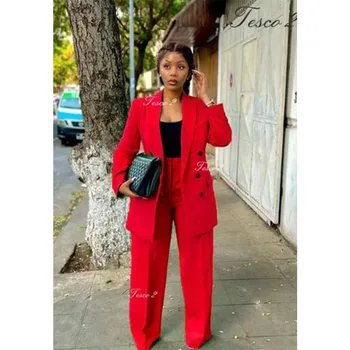Tesco-女性用長袖ブレザーとワイドレッグパンツ,2ピース,人気の赤い衣装,仕事用,美しくて鮮やか