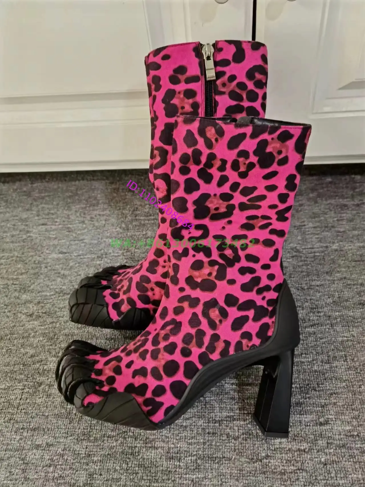 Colorful Leopard Print High Heel Ankle Boots for Women plus Size 43 Five Fingers Stretch Half Boots Design