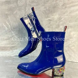 Blue Patent Leather Men's Ankle Boots Colored Rhinestone Small Square Toe Zipper Fashion British Style Handmade Shoes Men Boots