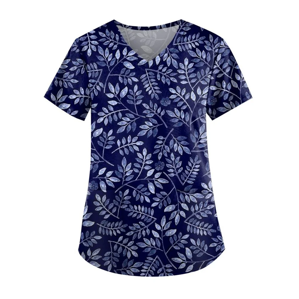 Scrub Medical Woman Floral Print Vet Nursing Tops Fashion V-Neck Short Sleeve Patch Pocket Health Care Clinical Uniform Woman