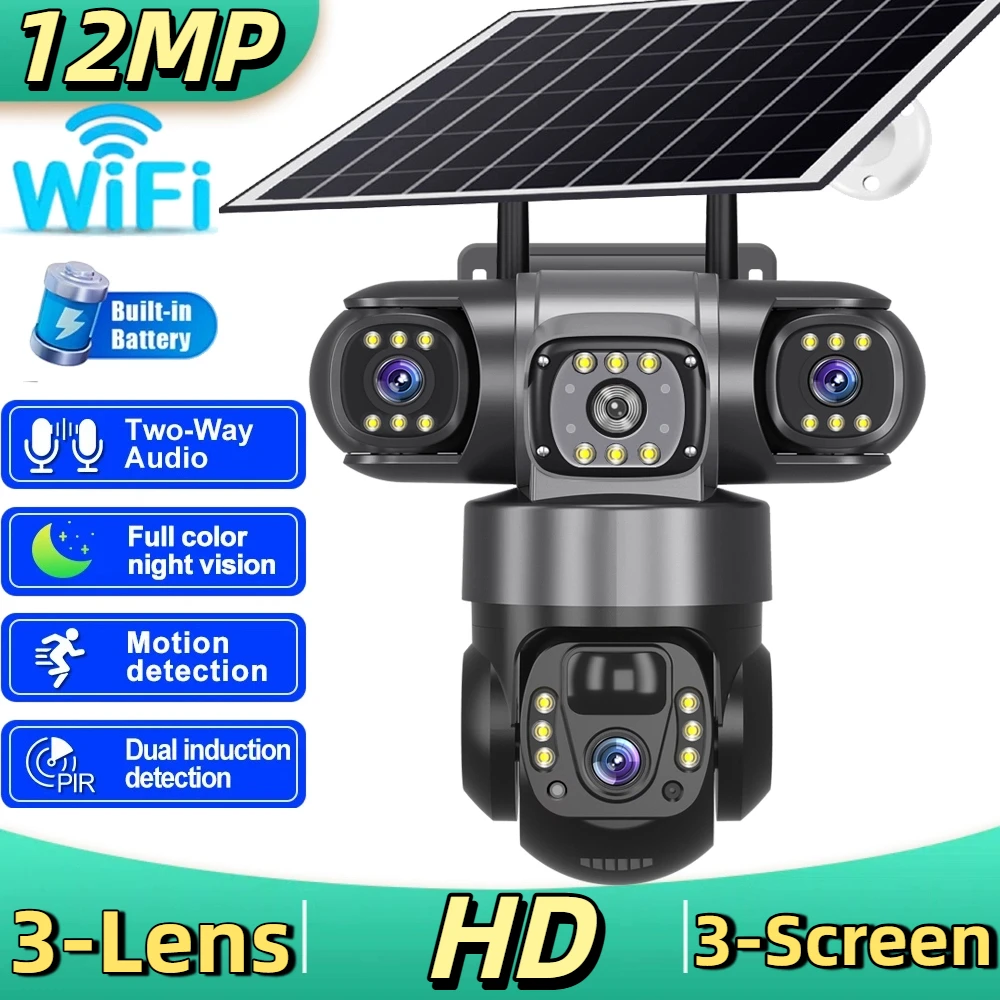 

HD 6K 12MP Солнечная камера 3 объектива 3 экрана PIR Обнаружение человека CCTV Ночное видение Водонепроницаемая 2-сторонняя аудиокамера PTZ Wi-Fi Камеры безопасности