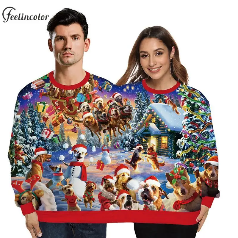 

Women Men Ugly Christmas Sweatshirts Xmas Puppy Print Two Person Pullover Christmas Tree Graphic Hoodies Couple Clothing