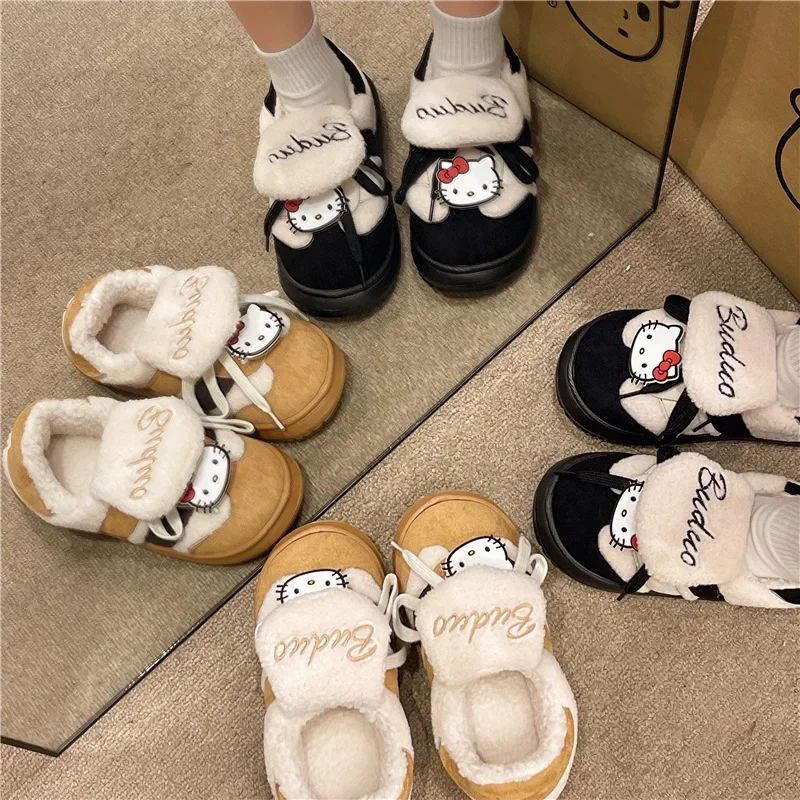 Sanrio Hello Kitty winter cartoon black women's velvet cotton slippers non-slip new warm thick-soled all-inclusive cotton shoes