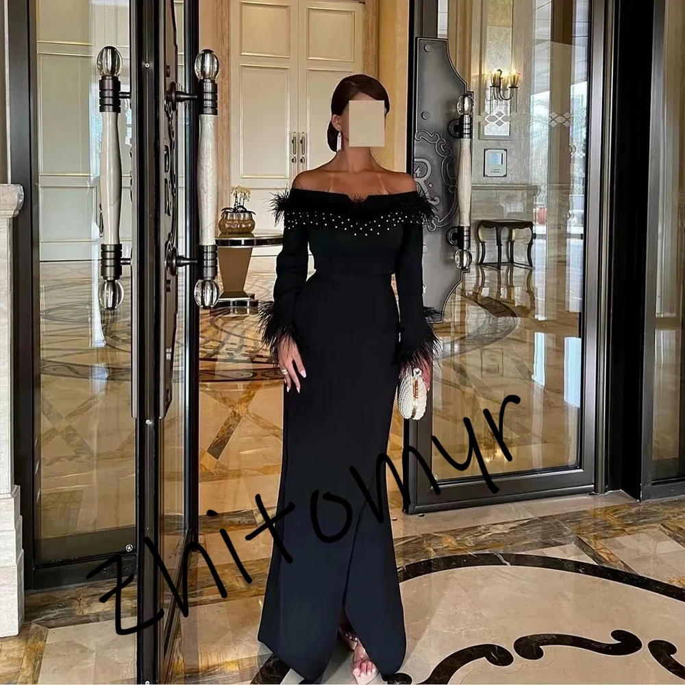 yipeisha high quality Exquisite Black Evening Gowns Trumpet beading Bateau Neck Beaded Feathers full Sleeves falda de gala