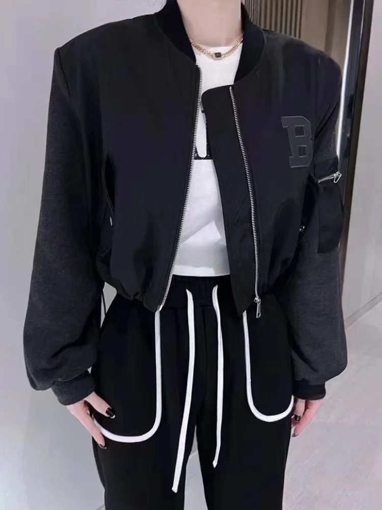 Women's Loose Fit Baseball Jacket Spring American Pilot Style Embroidered Letter Short Top Versatile Zipper Closure Long Sleeve