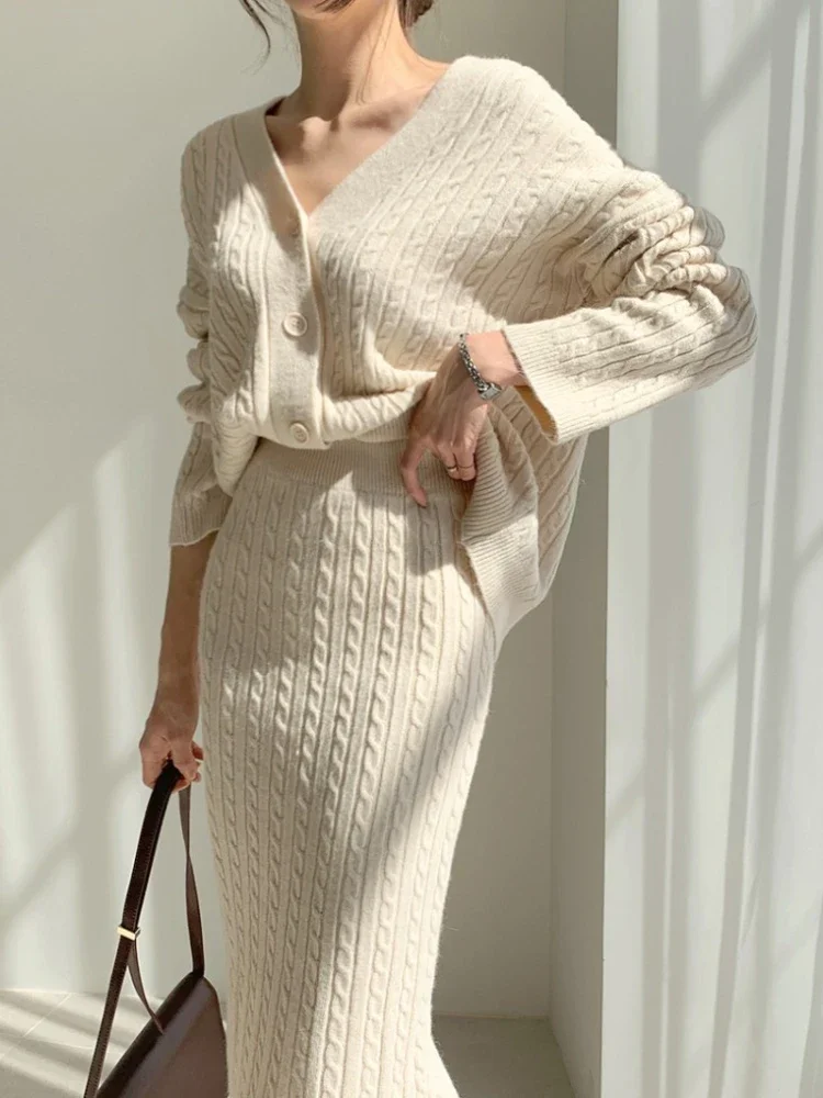 

Autumn Winter Women’s Knitted Dresses Set Slim Fit Sweater Cardigan Coat Wrapped Hip Over Knee Skirt Set Women's Skirt Suit Set