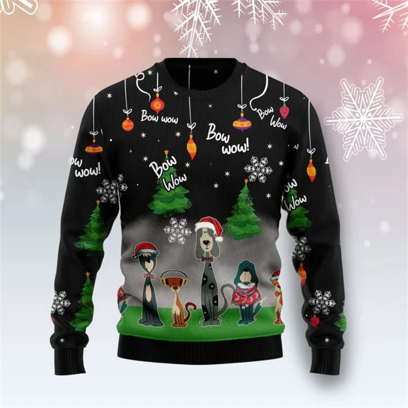 Funny Dog Graphic Ugly Christmas Sweater For Men Autumn Holiday Wear 3D Printed Sweatshirts Loose Breathable Crew Neck Pullovers