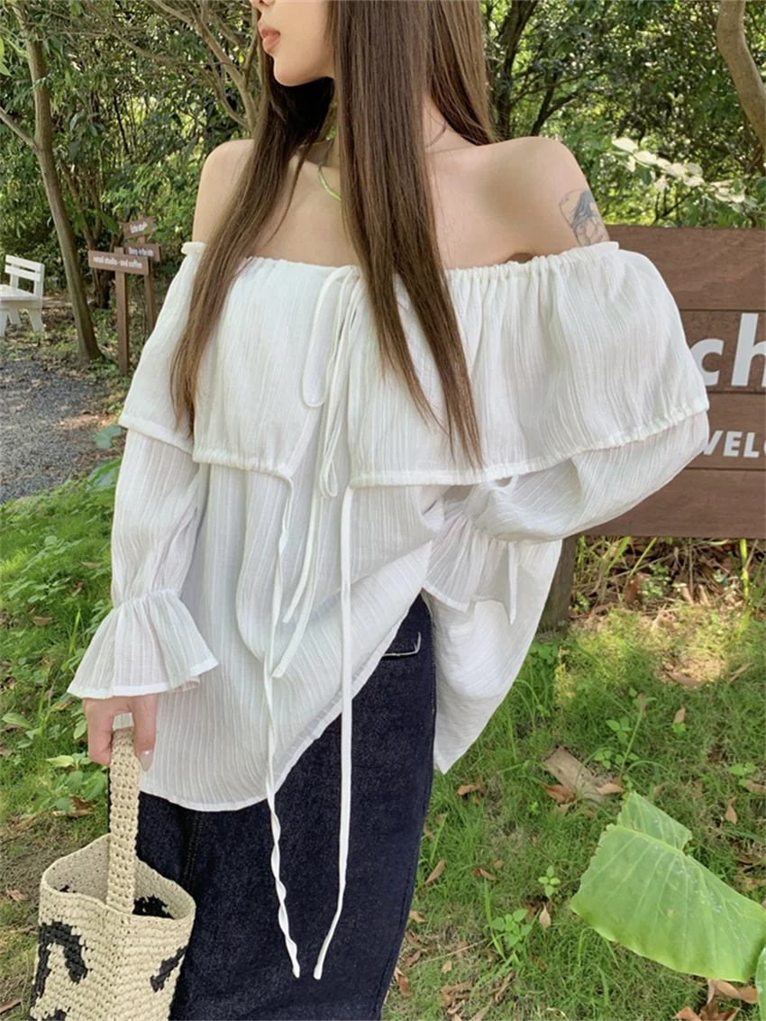 

PLAMTEE Gentle Lady Slash Neck Blouses Chic Off Shoulders Ruffles Chic Autumn 2023 Loose Office Lady Casual Daily Blusas