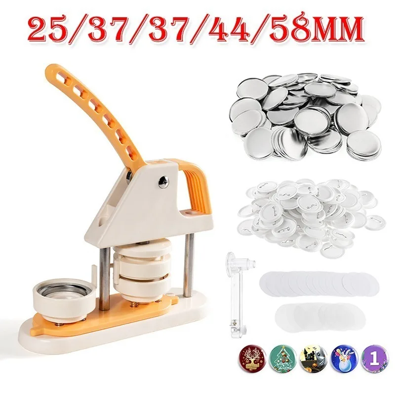 Rotating Type Button Badge Maker Machine 25mm 32mm 37mm 44mm 58mm DIY Pin Button Making Set 100Set Badge Button Parts