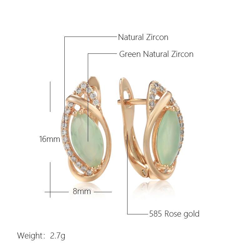 SYOUJYO Elegant Green Natural Zircon English Earrings For Women 585 Rose Gold Color Luxury Wedding Jewelry Vintage Daily Earring