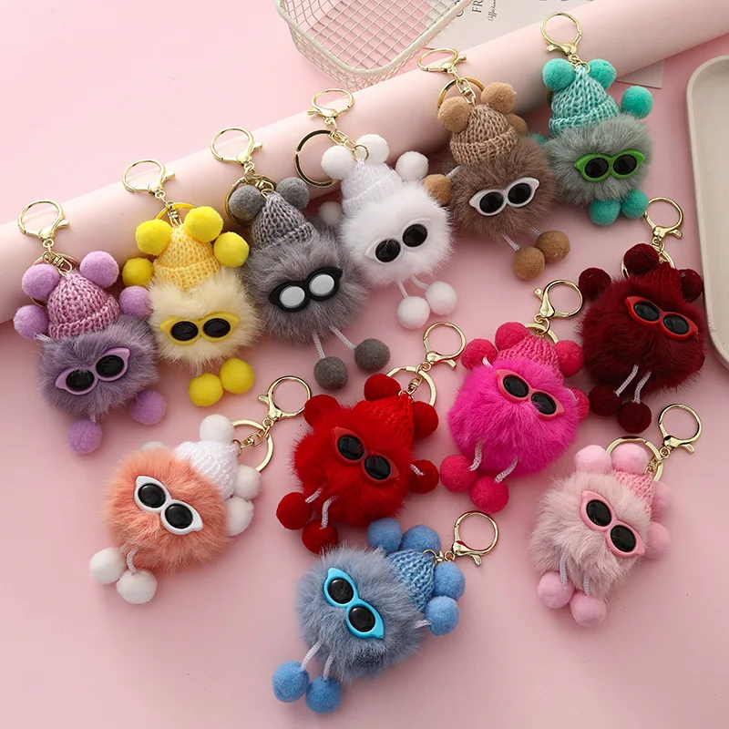 Cute Faux Mink Fur Colour Fluffy Ball Keychain Plush Pendant Small Coal Ball Car Keychain Bag Decor Accessories Xmas Party Gift