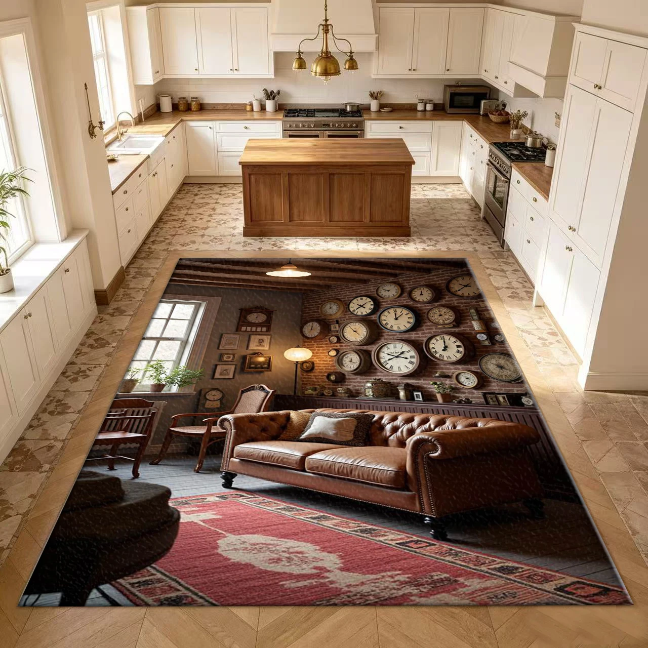 Retro Vintage Clock Wall Living Room Scene Carpet Flooring 3D Vision Print Area Rug Home Floor Mat for Living Room Bedroom