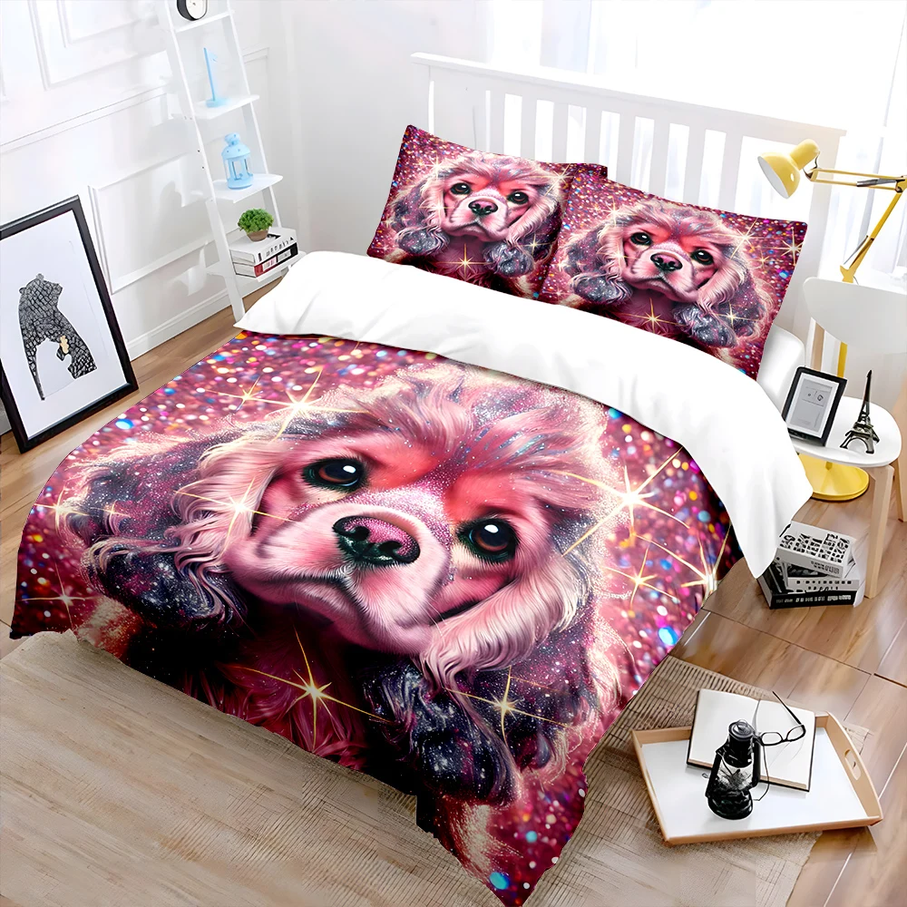 Sparkly Dog on Pink Background Pattern Duvet Cover Set Digital Print Polyester Bedding with Zipper Closur for kids gifts