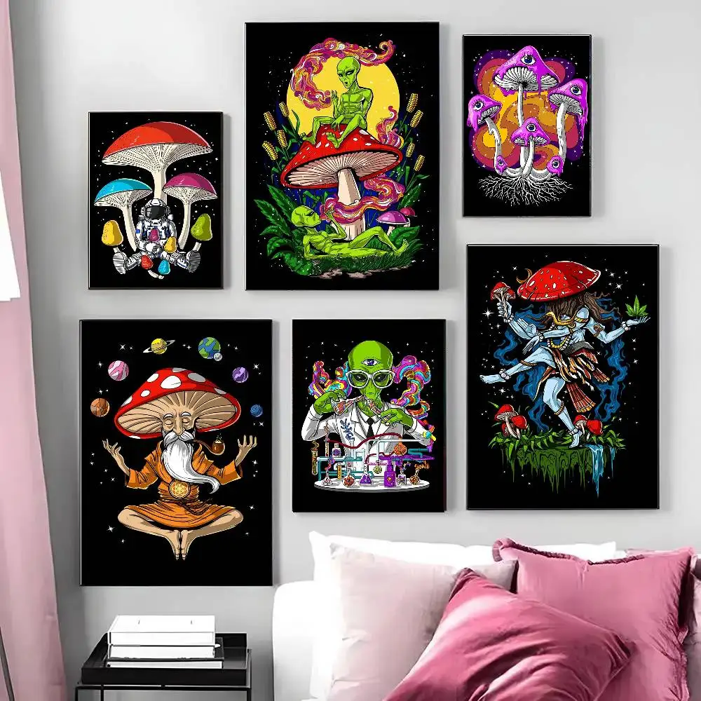 Psychedelic Trippy Magic Mushrooms Posters Living Room Bar Cafe Quality Canvas Vintage Style Comics Painting Art Home Wall Decor
