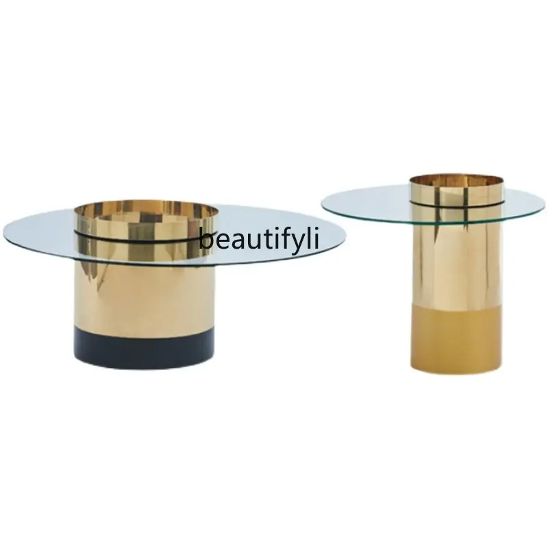 Italian Light Luxury Tempered Glass Coffee Table Living Room round Metal Tea Table Side Table Size Nested Tables