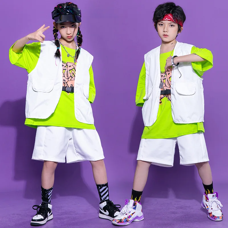 Childrens Hip Hop Dance Performance Costumes Boys Green Suit Girls Stage Jazz White Vest Shorts