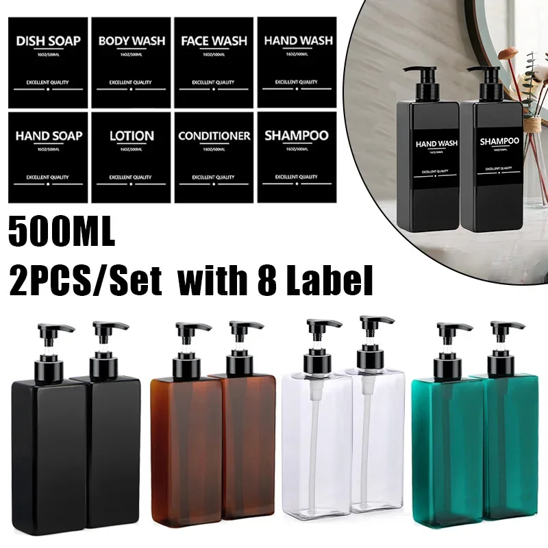 2PCS 500ml Refillable Square Soap Dispenser Bathroom Hand Pump Bottle Liquid Shampoo Body Wash Container with Waterproof Labels