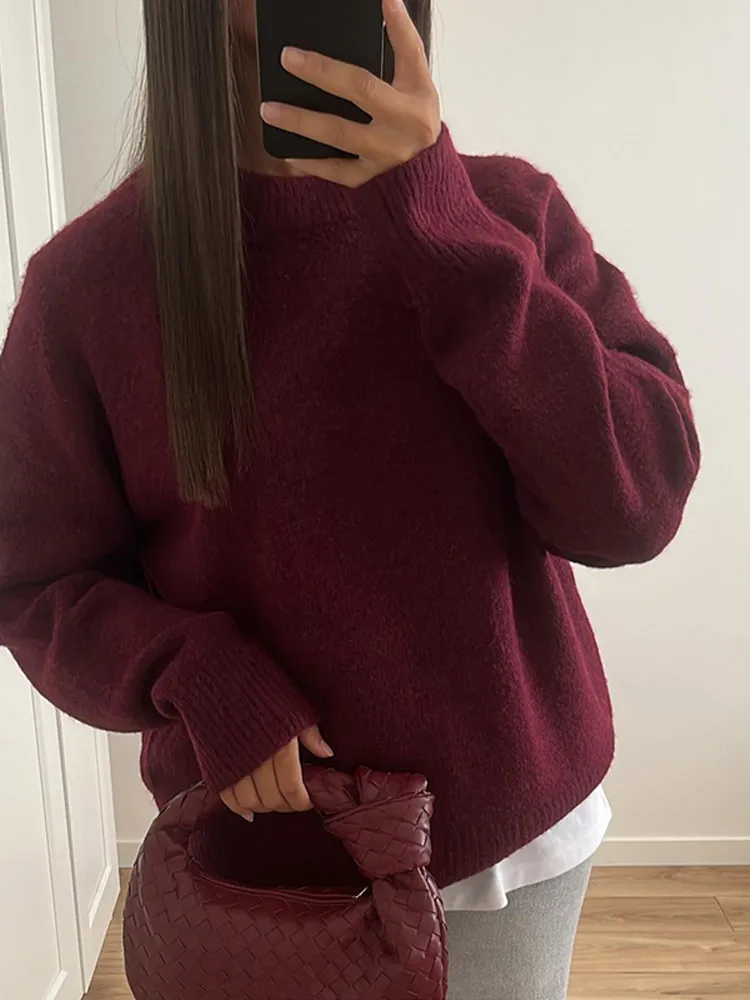 Women Knitted O Neck Thicken Wram Wine Pollover Fashion Long Sleeve Loose Sweater Autumn Winter Casual Fluffy Commute Knitwear