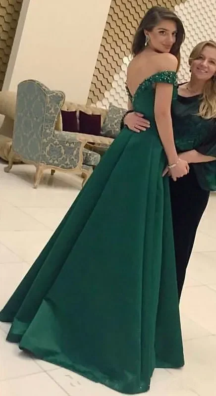 New Arabic Dubai Prom Dresses Off Shoulder Emerald Green A Line Beaded Evening Dresses Sexy Backless Party Gowns vestidos  festa