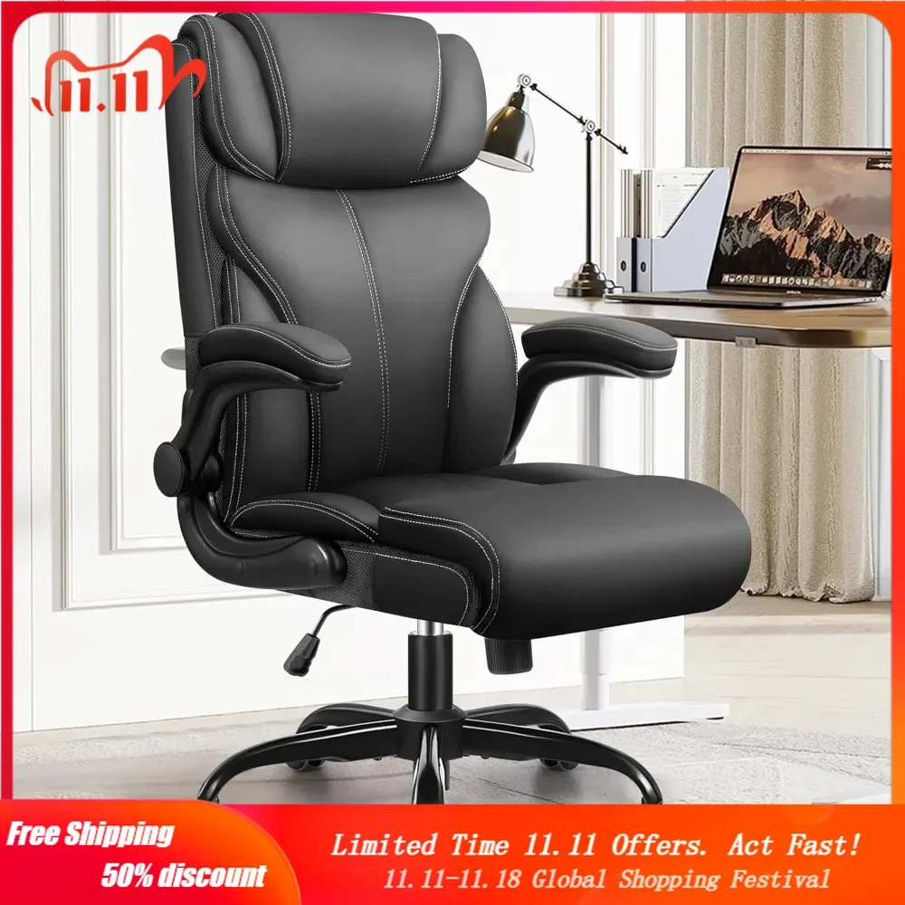 

Ergonomic Big and Tall Computer Desk Chairs, Executive Breathable Leather Chair with Adjustable High Back Flip-up Armrests