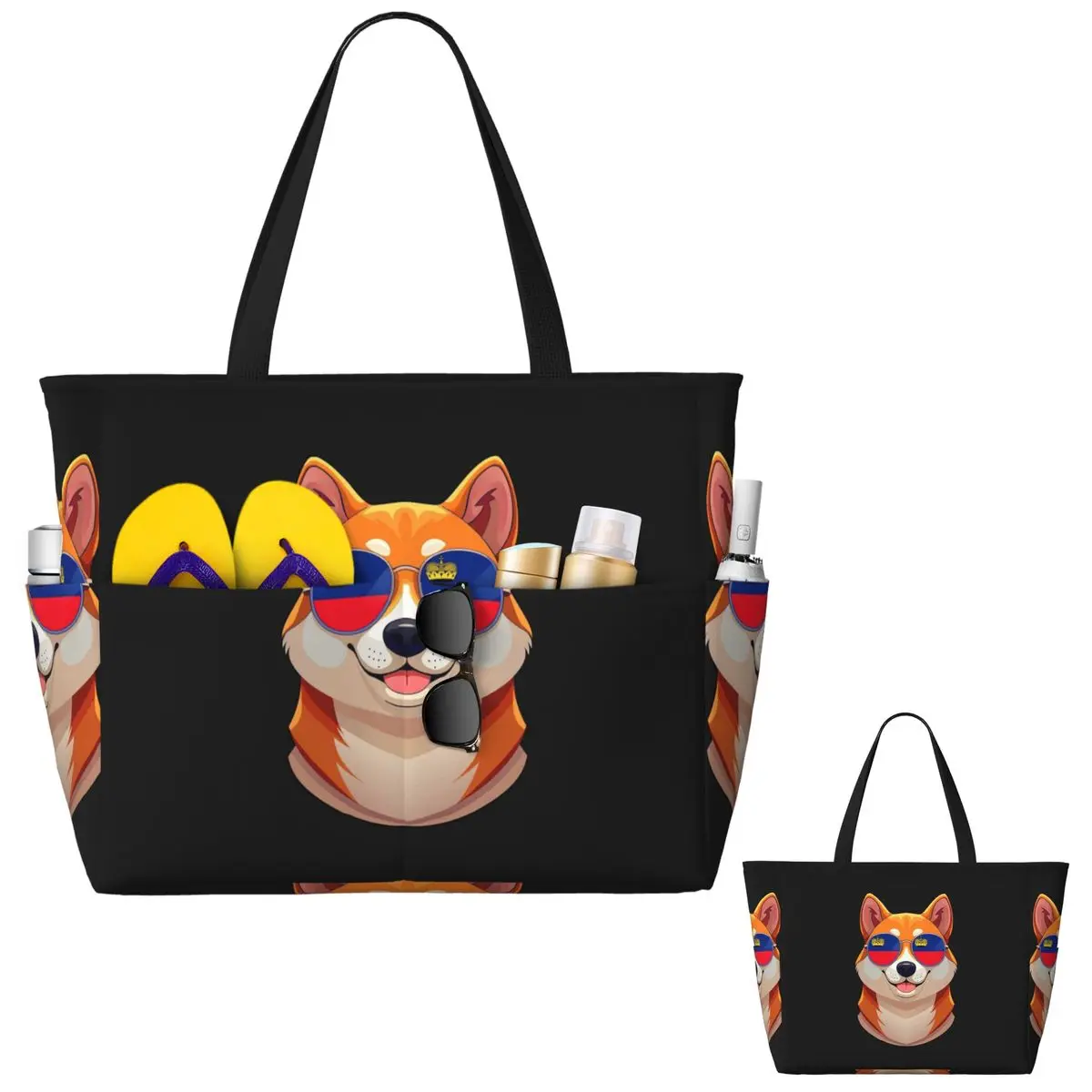 

Vintage Patriotic Shiba Inu Liechtensteiner Flag Beach Tote Bag Sport Gym Yoga Large Tote Bag Women Travel Bag Fitness bag