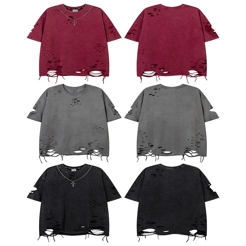 2024 Summer New Washed Destroyed Tops and T-shirts Retro Distressed Necklace T-shirt Harajuku Oversized Lazy Ripped T Shirt