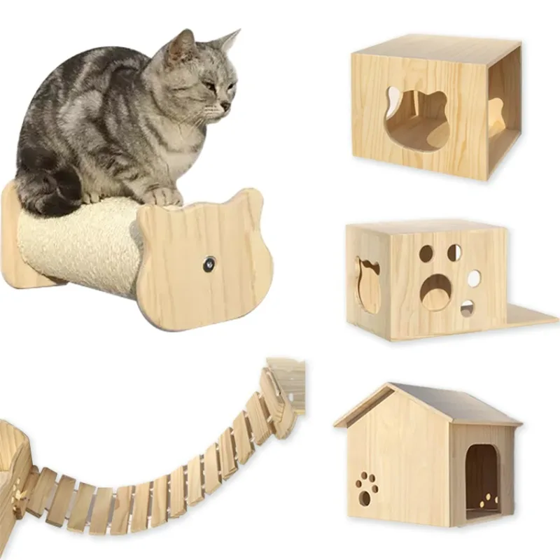 Woodiness Natural Wood Cat Pet Wall Mounted Shelf Cat Climbing Stairs on Wall Cat Play Climbing Activity Center Pet Supplies