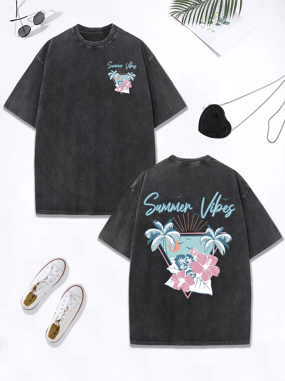 

Summer Vibes Hawaii Beach Prints Washed T-Shirts Womens Cotton Oversized Tops O-Neck Distressed T Shirts Street Womans Clothes