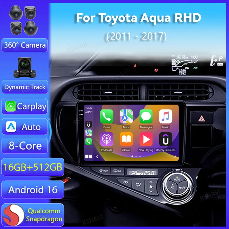Android 16 Carplay Auto GPS For Toyota Aqua RHD 2011 - 2017 Car Radio DSP Navigation Video WIFI+4G Stereo 2Din Player 360 Camera