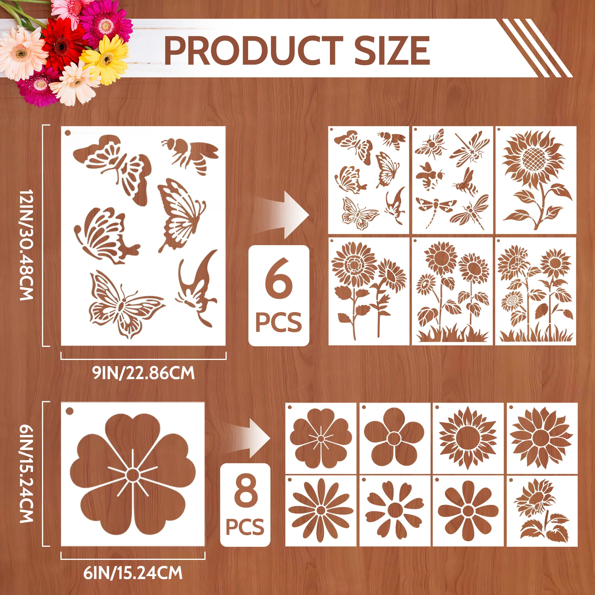 14 Pcs DIY Sunflower Stencils with Butterfly Bee Dragonfly Patterns Reusable Painting Templates for Crafts Home Decor Doodling