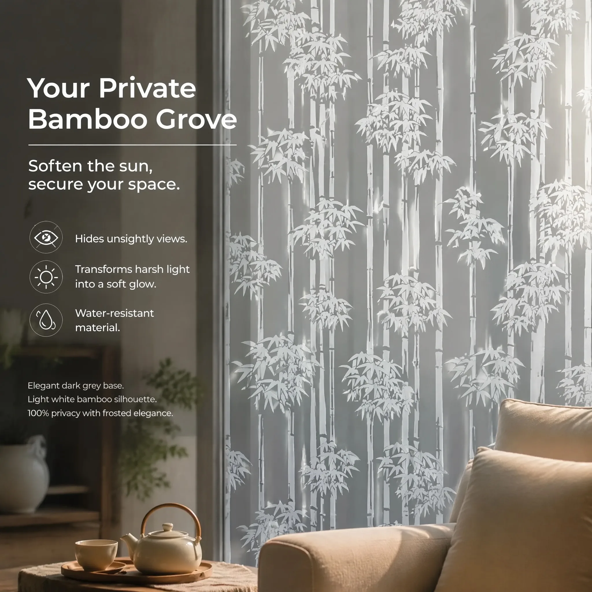 Zen Bamboo Frosted Self-Adhesive Window Film Privacy Decorative Film for Home Office Decorations