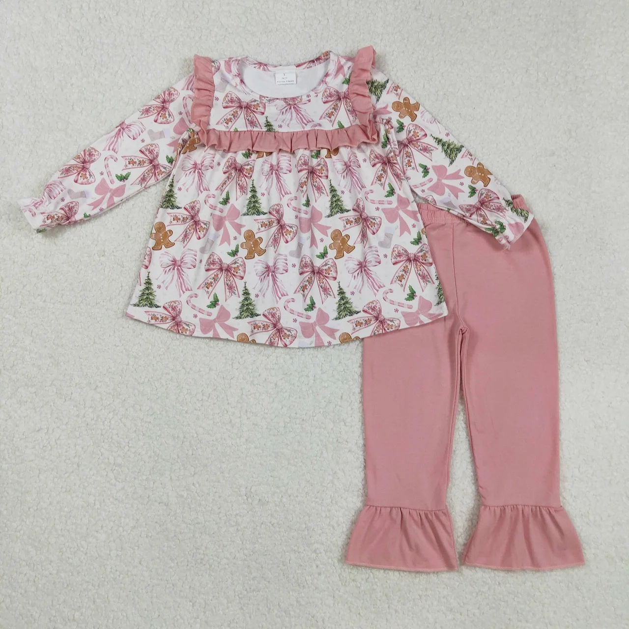 

Wholesale Toddler Kids Gingerbread Bows Christmas Set Long Sleeves Ruffle Tunic Cotton Pants Children Outfit Baby Girl Clothing