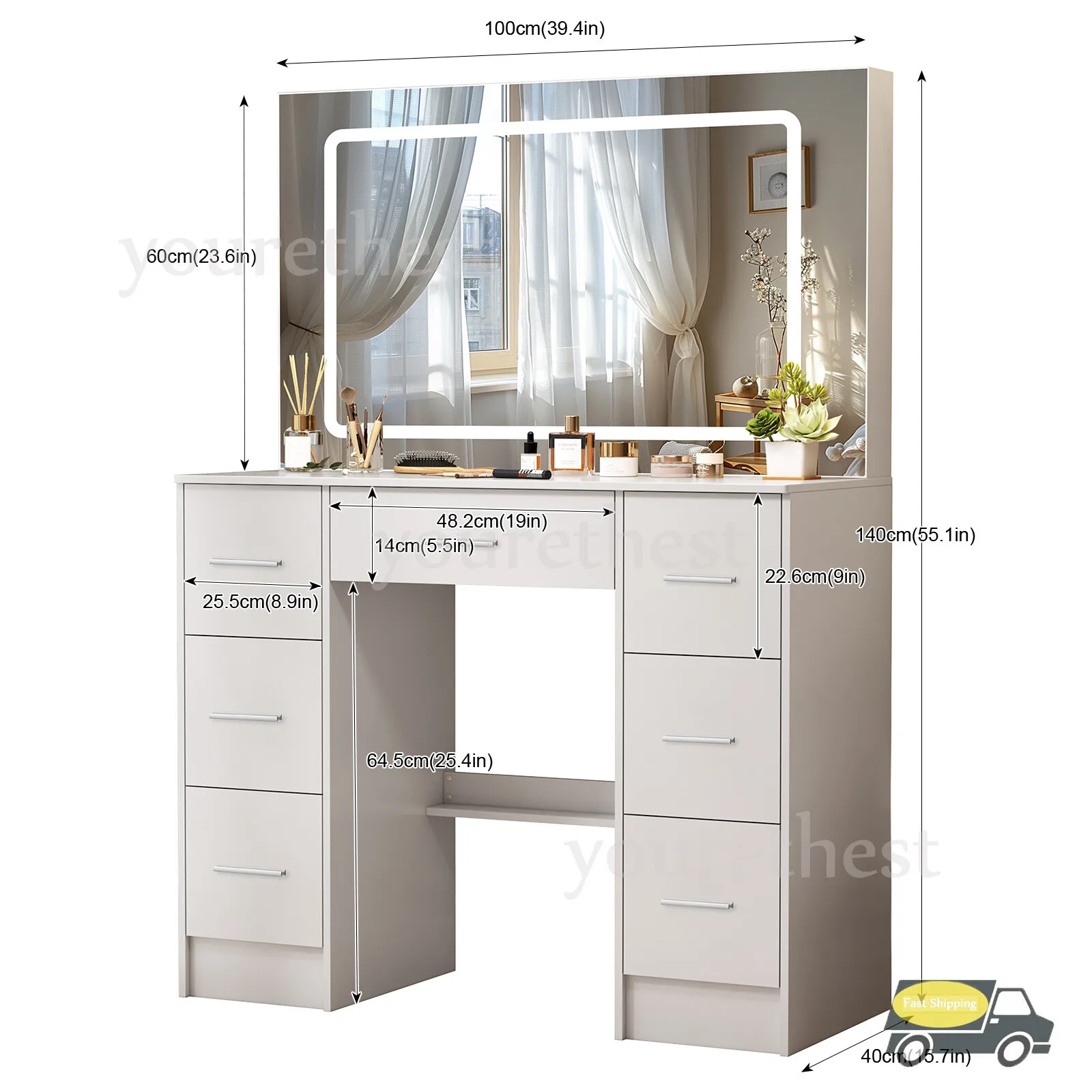 طقم مكتب مكياج كبير لطاولة الزينة مع مرآة LED كبيرة و7 أدراج #6