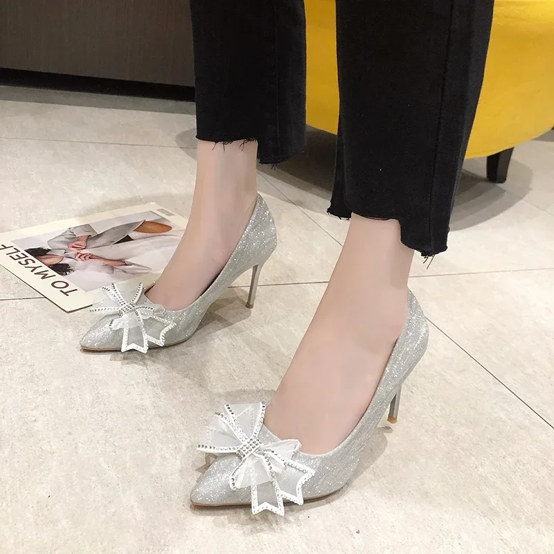 Women\'s Pumps Cinderella Shoe Rhinestone High Heels Women Pointed Toe Bow-knot Shoe Crystal Party Wedding Shoes Zapatillas Mujer