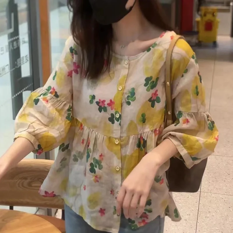 2023 Summer New Vintage Floral Printing Shirt Women Round Neck Three Quarter Ruffles Cardigan Female Fashion Loose Casual Tops