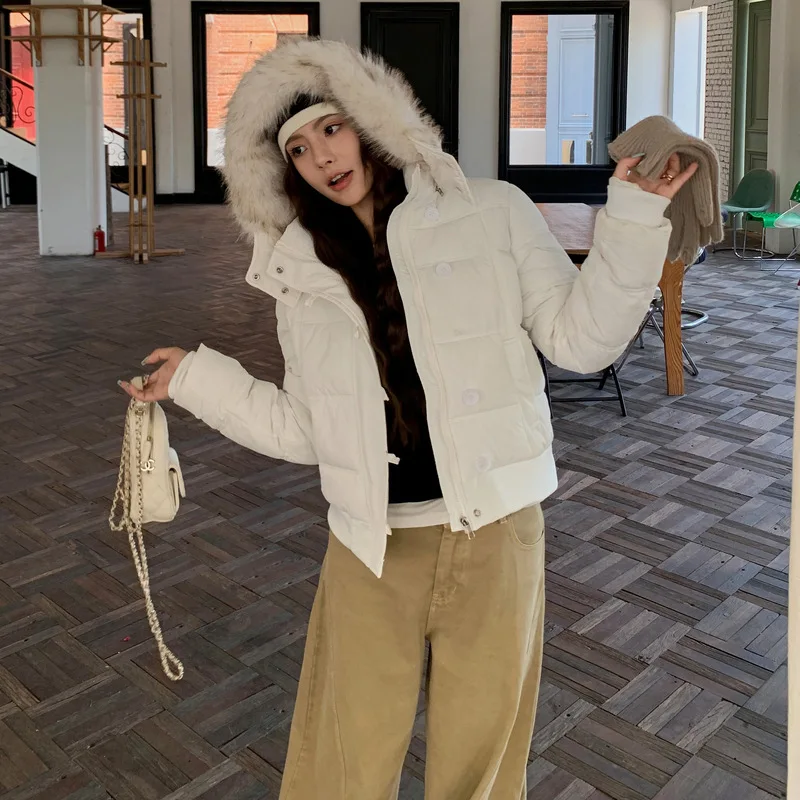Women Short Parkas Coat Hooded Overcoat Solid Fur Collar Long Sleeve Zipper Single Breasted Loose Thick Office Lady Winter 2025
