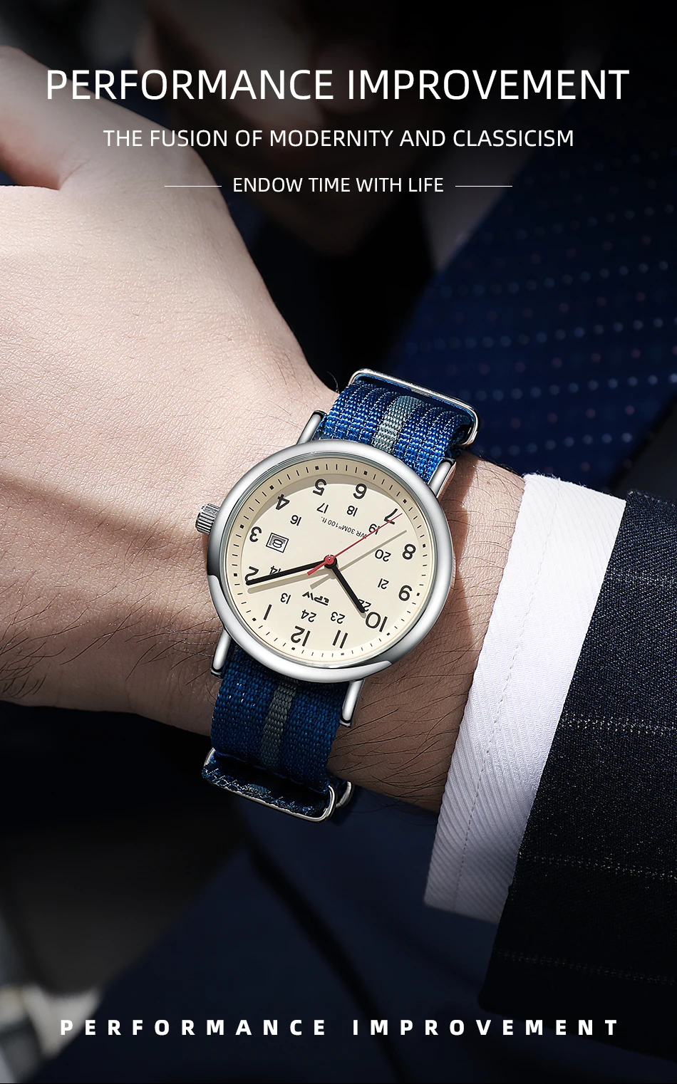 2026 TPW Felduhr Leicht ablesbares Stoffarmband 24-Stunden-Anzeige Quarzwerk Tagesfunktion – Detail 2