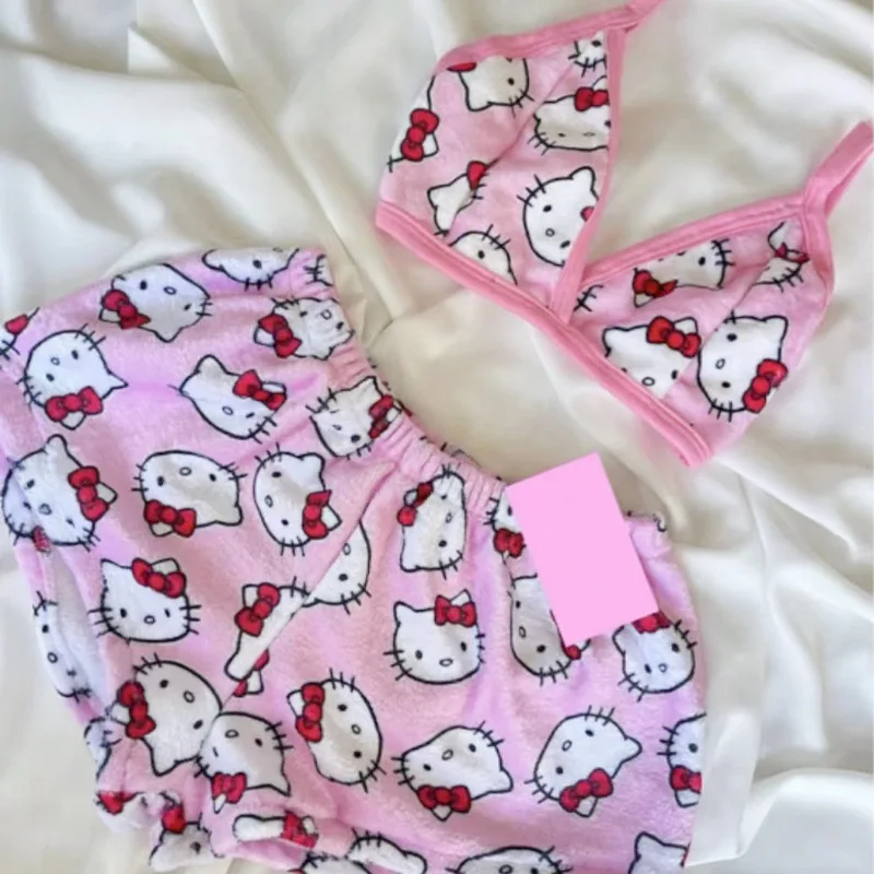 Sanrio Anime Cute Pajamas Set Sweet and Cute Hello Kitty Velvet Bra Undergarments and Shorts Pajama Set Girls Loungewear