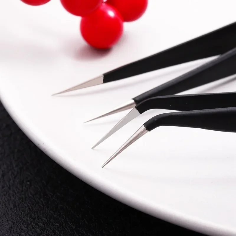 ファッションネイルアートDIY、1個ストレートエルボアクリルジェルピッキングツール、ラインストーン宝石装飾、黒まつげピンセット、1.0MM