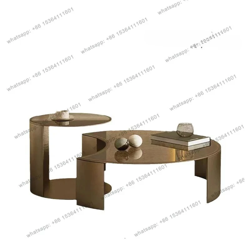 

New modern light luxury home living room creative gold round brown glass stainless steel combination coffee table