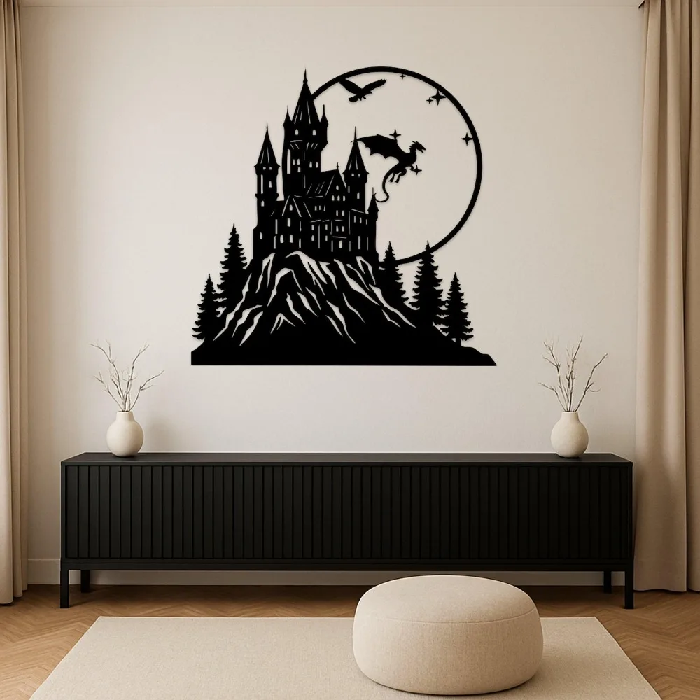 Dragon Castle Metal Wall Art, Gothic Fantasy Iron Silhouette Mural, Indoor Outdoor Wizard Room Kids Bedroom