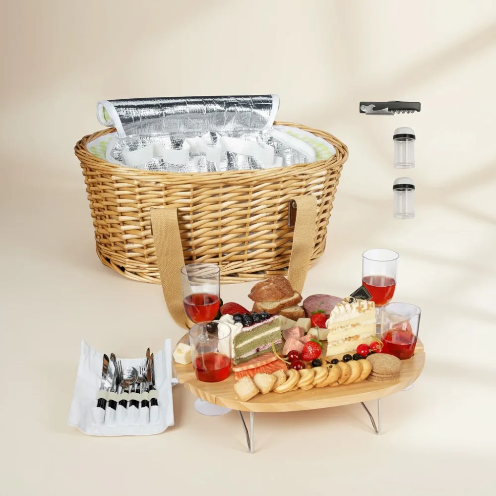 

4-Person Picnic Basket Set with Folding Wine Table, Insulated Cooler Bag & Cutlery Kits - Perfect Wedding & Couple Gifts