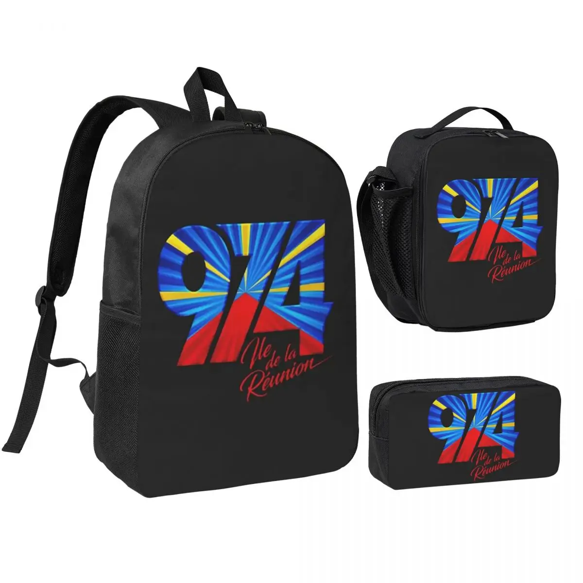 

974 Reunion Island Flag Backpack Boys Girls BookBag School Bag Shoulder Bags 3ps Insulated Lunch Bag Pencil Case