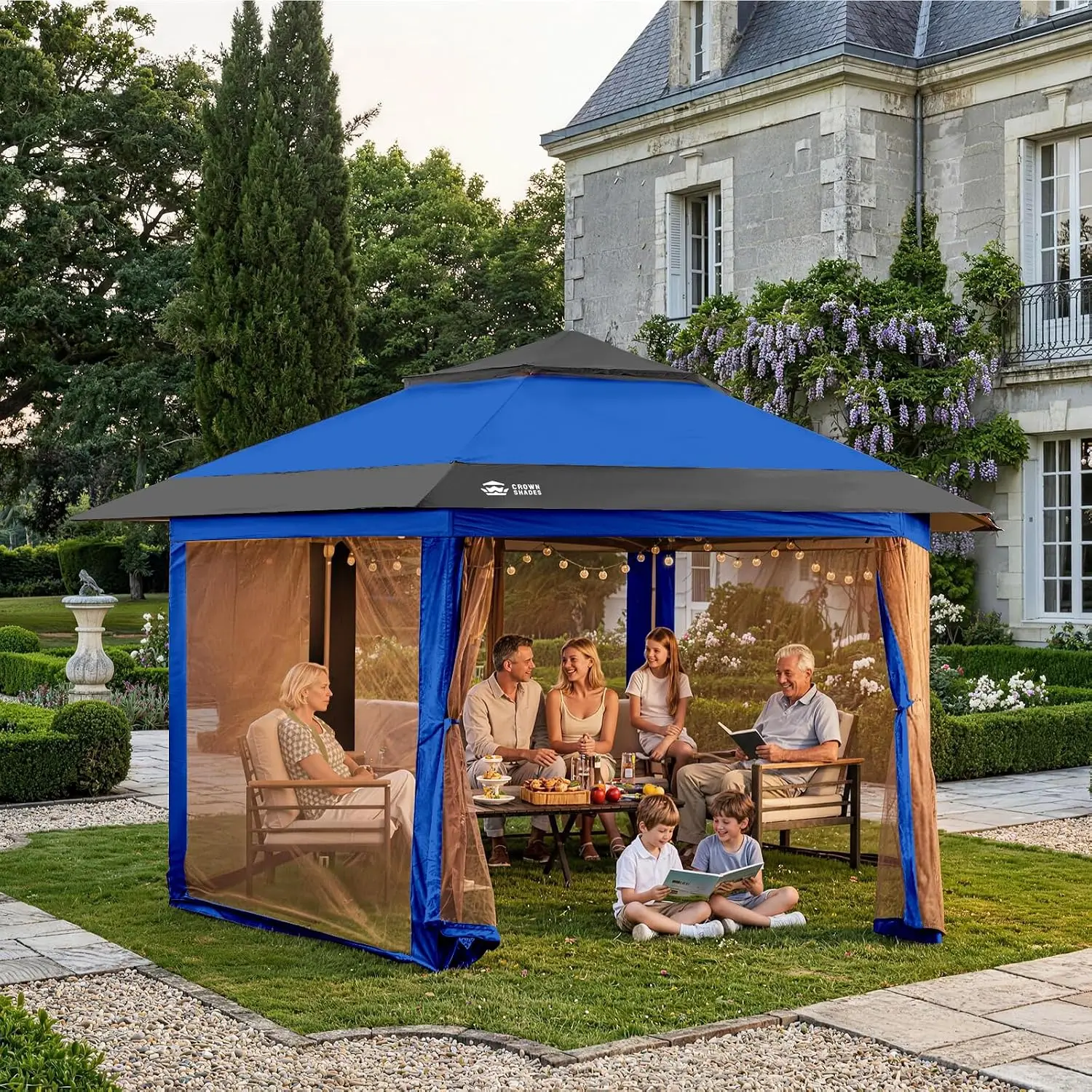 13x13 Pop Up Gazebo with Mosquito Nettings, Blue&Gray, Customized