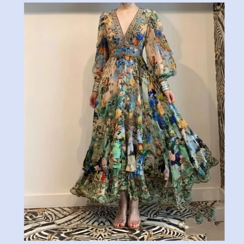 

Australian niche new blue printed silk diamond studded vacation fairy V-neck long sleeved dress