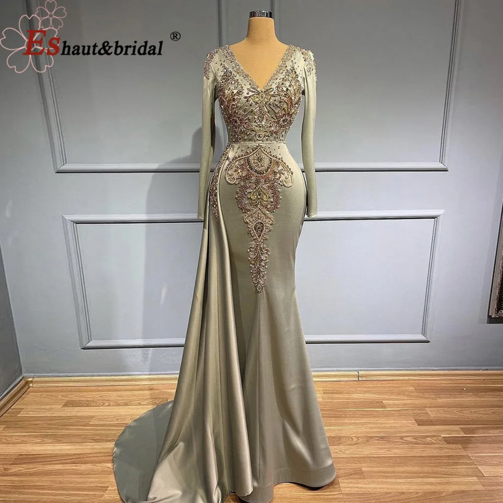 Elegant Mermaid Satin Evening Dress for Women 2024 Long Sleeves Arabic V Neck Beads Formal Prom Wedding Party Gowns Customized