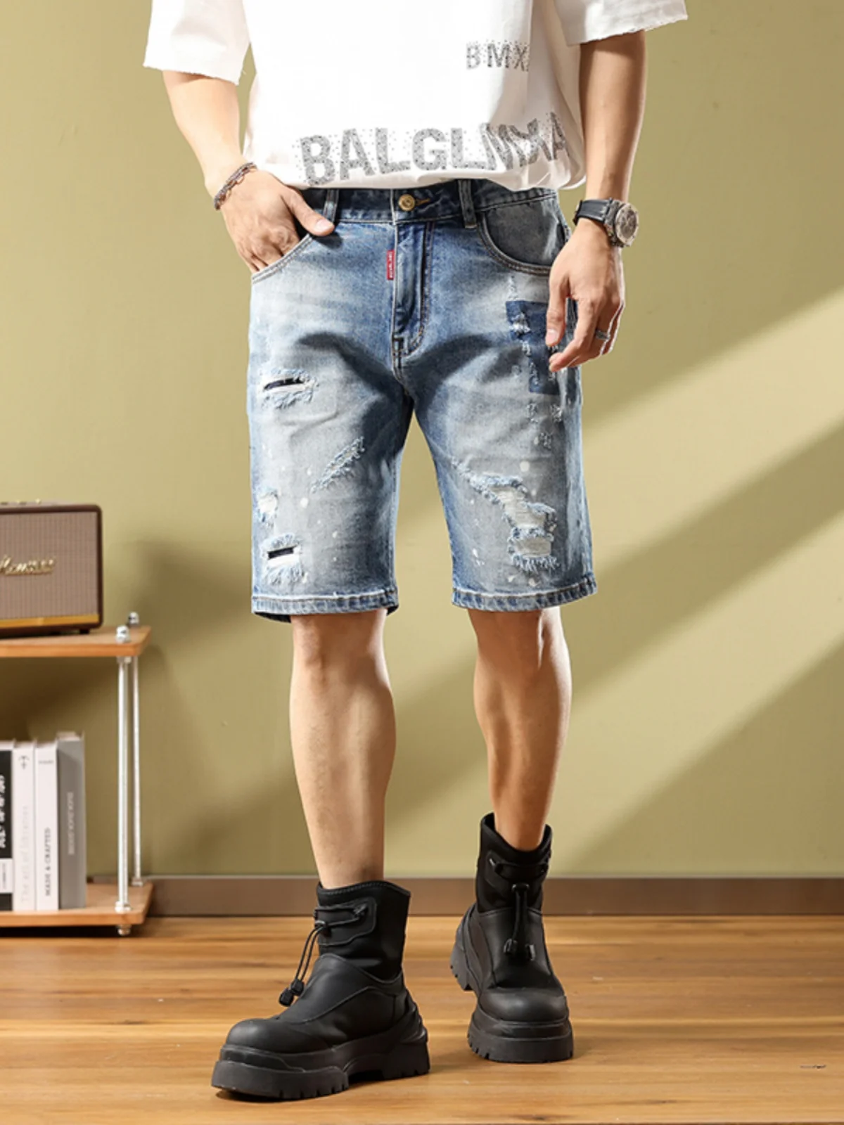 

Trendy Men's Denim orts Five-Quarter Elastic Patchwork Repair Straight Leg Jeans Casual Summer Wear Resistant to Wear