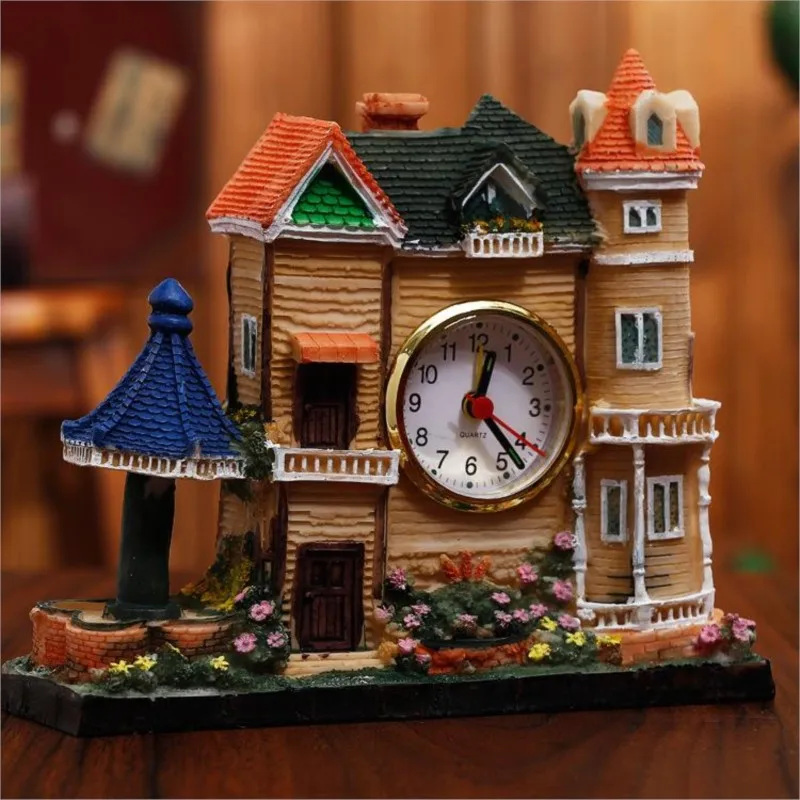 European Style Architectural House Alarm Clock Creative Villa Resin Craft Home Decoration Ornament Creative Alarm Clock ZE596