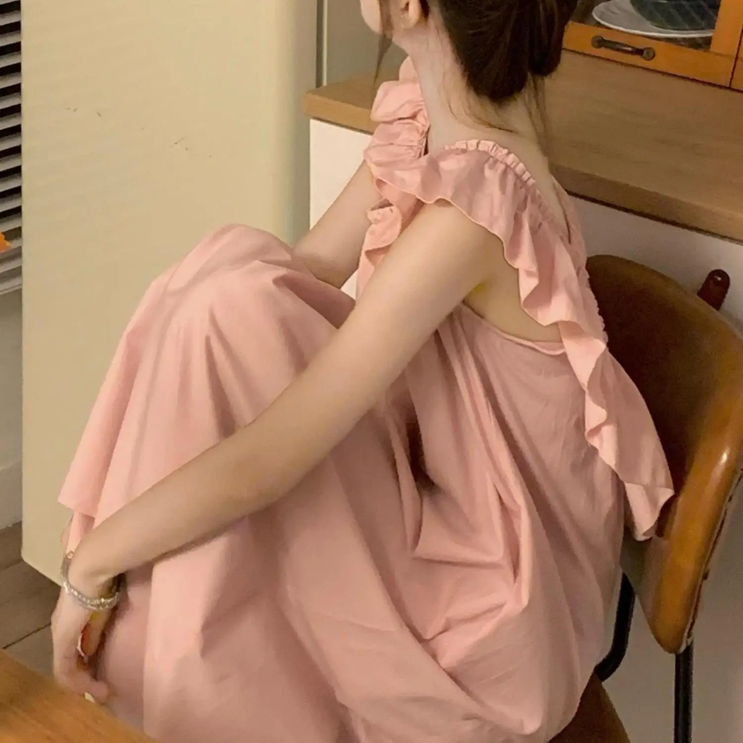 

Korean Cute Pajamas Women's Summer New Pink Nightgown Long Home Dress Wear Outside Dressing Gown Pyjamas Big Size Sleepwear Sexi